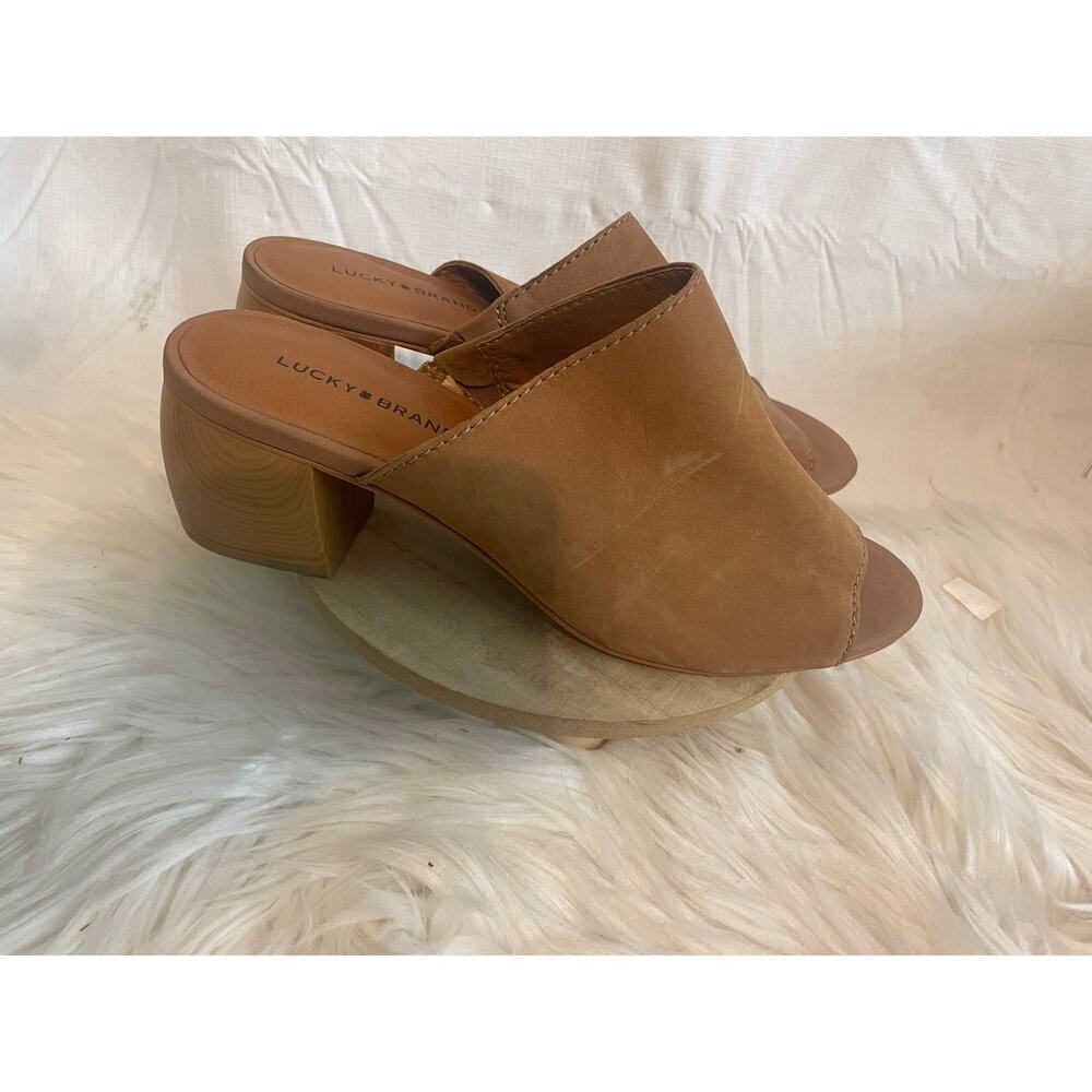 Lucky Brand Leather Women's 8.5 Heels Sandals Slides Tan EUC Wood Heels